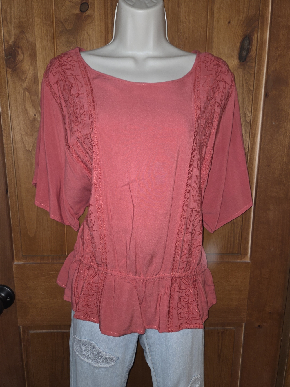 Sonoma Coral Embroidery-Trim Peplum Top